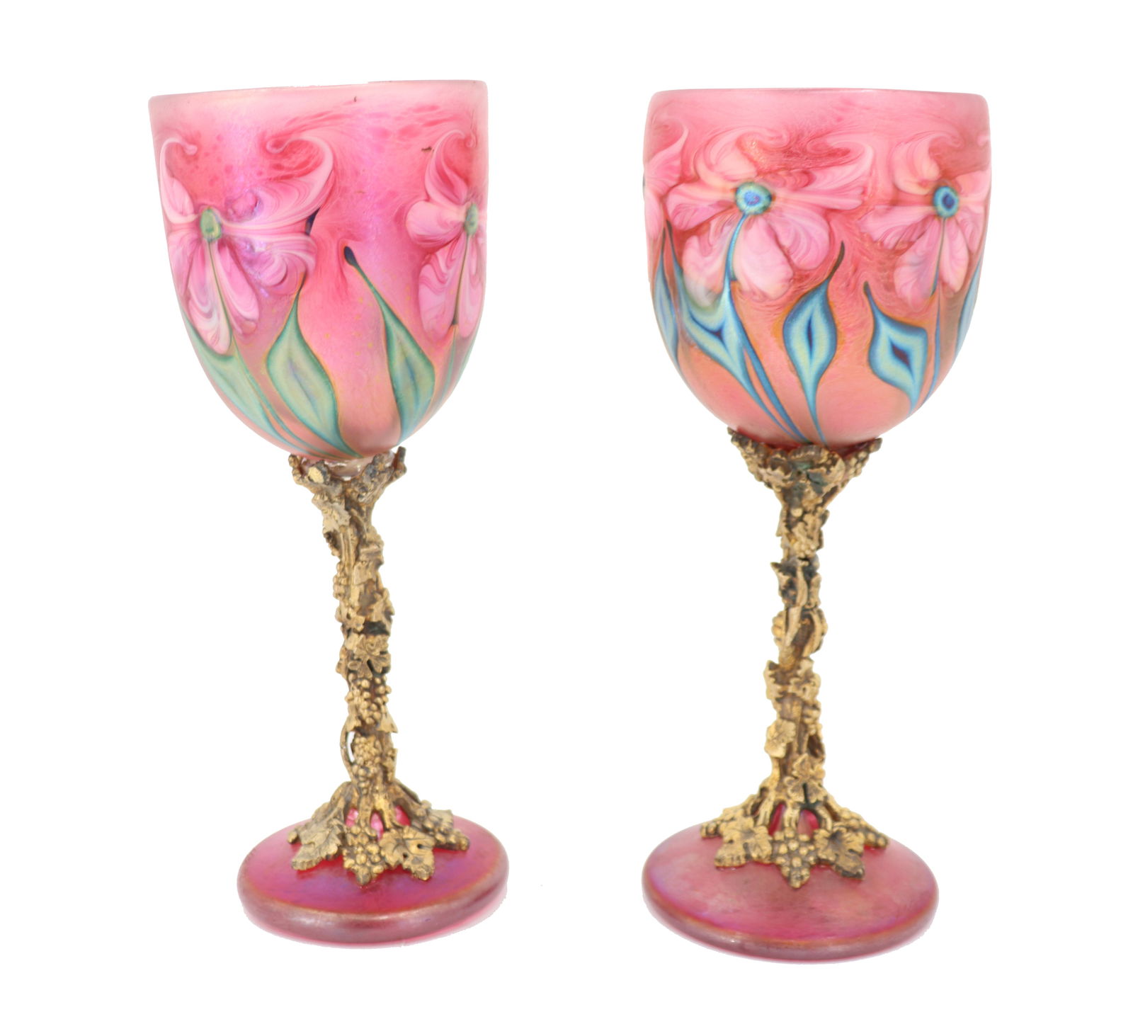 Pair of One of A Kind Lotton Art Glass 22K Gold Leaf Tulip Bud Goblets (1 of 20)