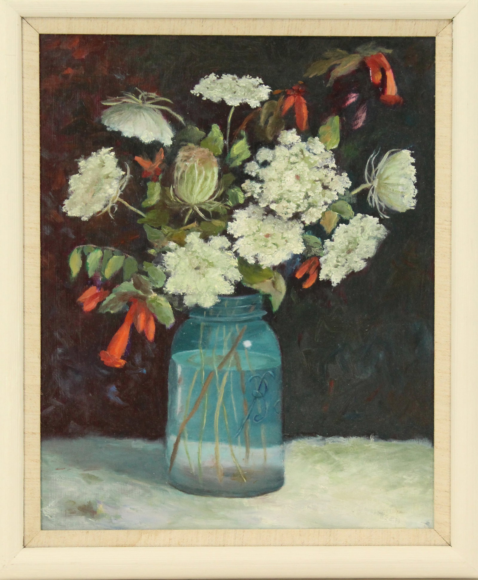Muriel Elliott (1898-2005) Australian, Still Life Oil on Board: Muriel Elliott (1898-2005) Australian, Still Life Oil on Board. Flowers in a glass jar. Overall: 17 3/4 X 14 3/4 in. Sight: 14 1/2 X 11 1/2 in. #3891 . Muriel Annie Elliot