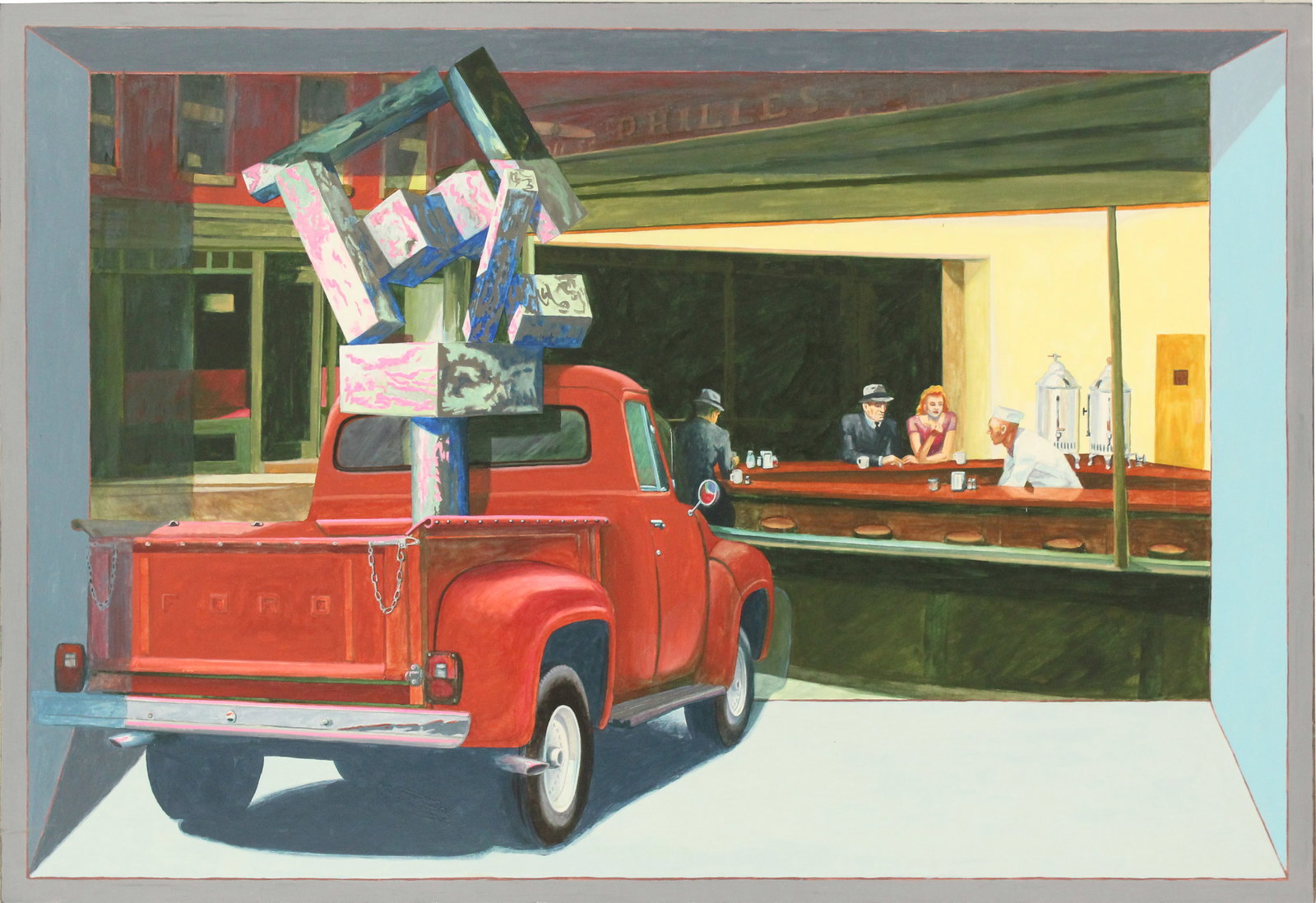 Ralph Allen Massey (b. 1938) American, Surreal Acrylic and Gouache on Panel: Ralph Allen Massey (b. 1938) American, Surreal Acrylic and Gouache on Panel. Depicts Edward Hopper's classic image "Nighthawks" (1942) but with an added forced perspective and an antique