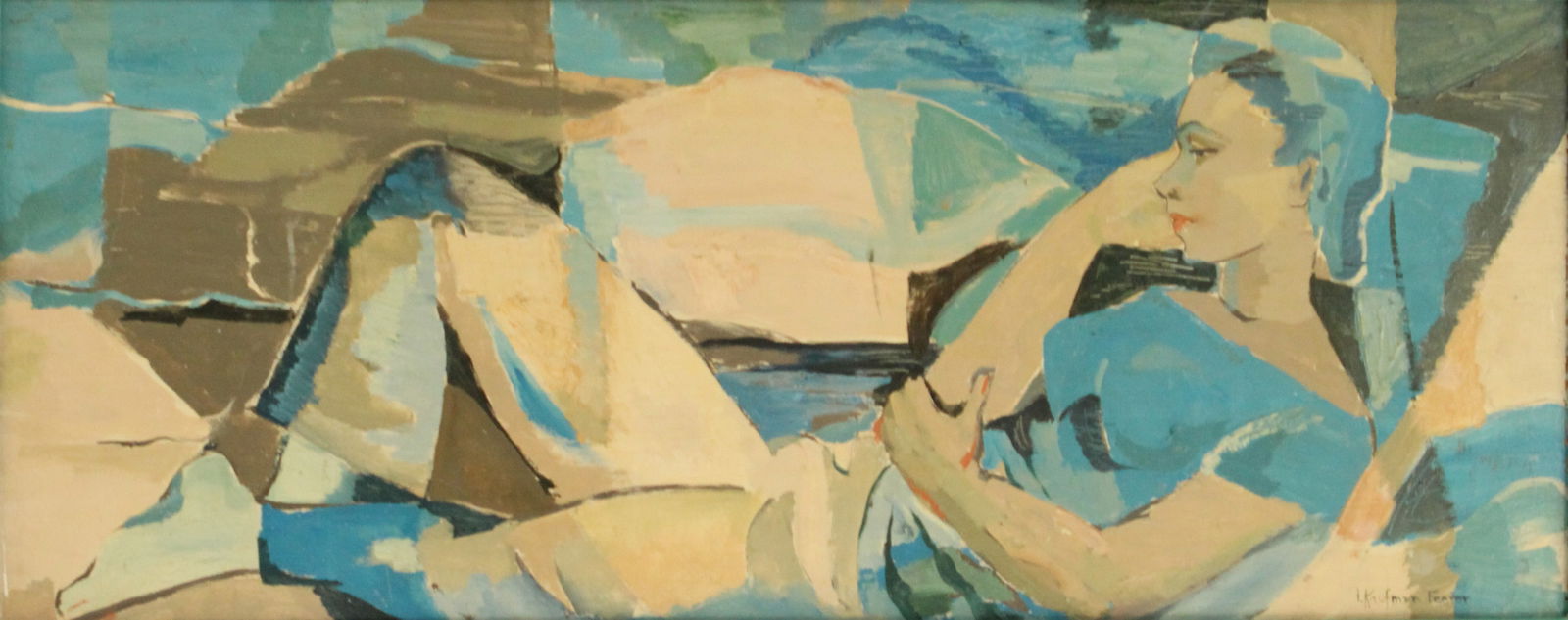 Ida Kaufman Feerer (1911-2001) American, Oil on Panel: Ida Kaufman Feerer (1911-2001) American, Oil on Panel. Cubist style feminine figure reclining thoughtfully in the horizontal image. Signed bottom right. Label on back with title: "Springtime - Ca