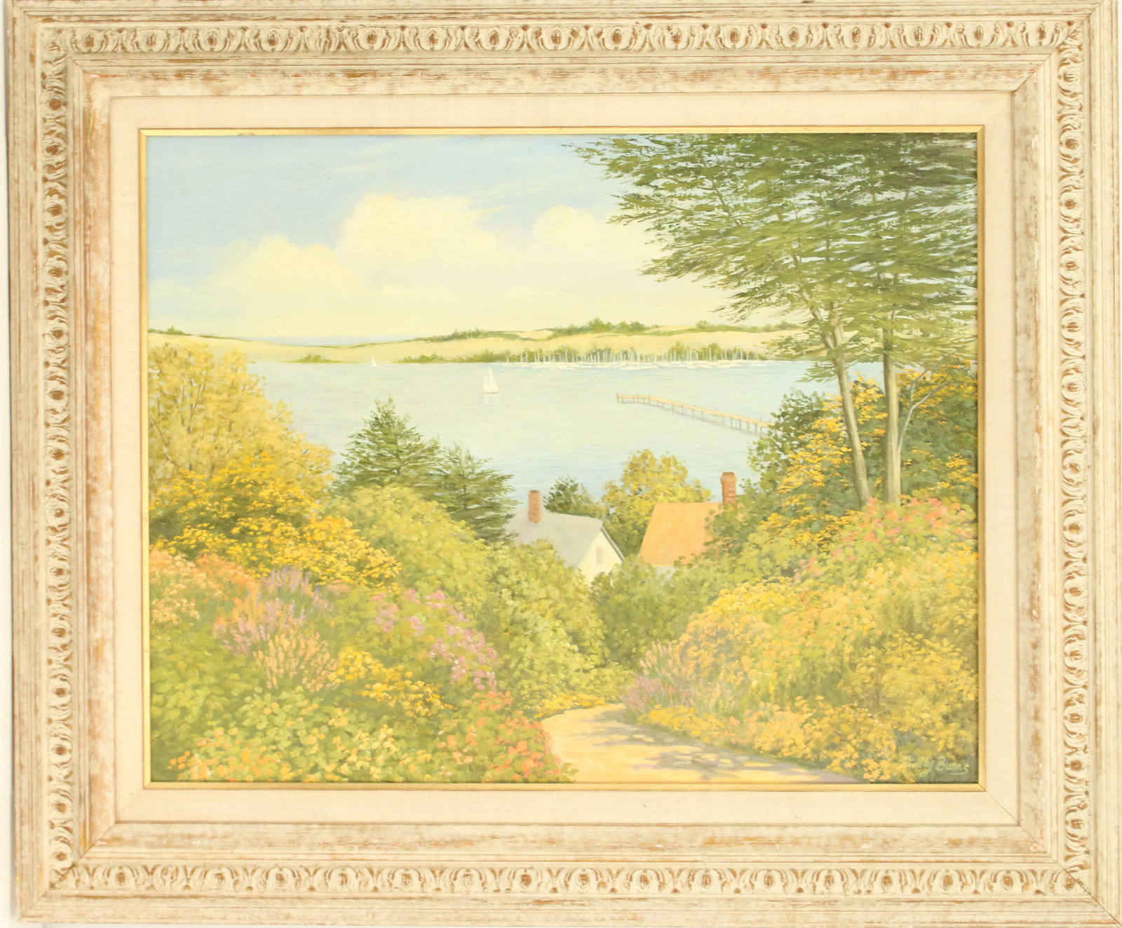 Emily Lindsay Burns (20th/21st Century) American, Oil on Canvas: Emily Lindsay Burns (20th/21st Century) American, Oil on Canvas. Signed bottom right. Titled "Spring at the Bay - Bodega Bay Ca." and dated 1990 on back. Original Zantman Art Galleries