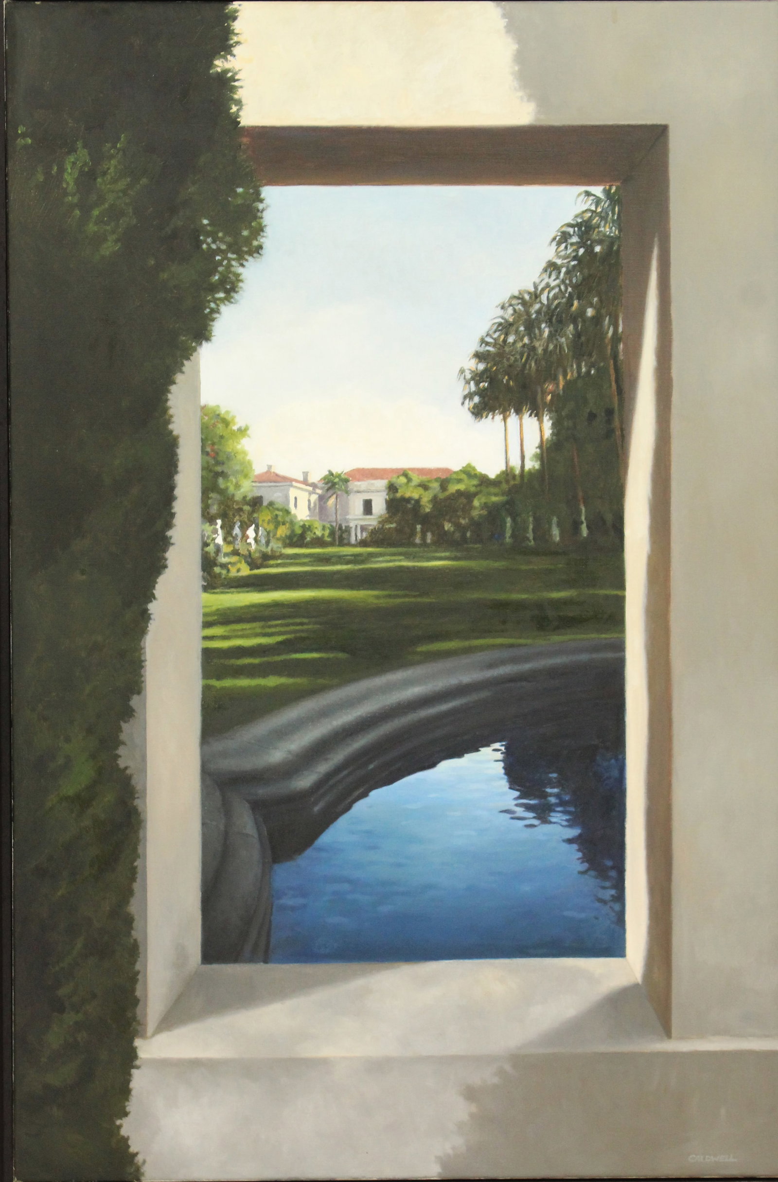 Frank Caldwell (1912-2002) American, Oil on Canvas: Frank Caldwell (1912-2002) American, Oil on Canvas. Shows a view of a villa through a small rectangular hole in a surrounding wall. Signed bottom right. Overall: 33 1/2 X 22 1/2 in. Sight:
