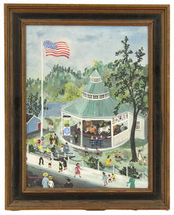 Maxwell Mays (1918-2009) American, Oil on Canvasboard: Maxwell Mays (1918-2009) American, Oil on Canvasboard. Depicts a small local festival, with people walking near a quaint gazebo-style carousel, a flying American flag, and a lake in the background. Si
