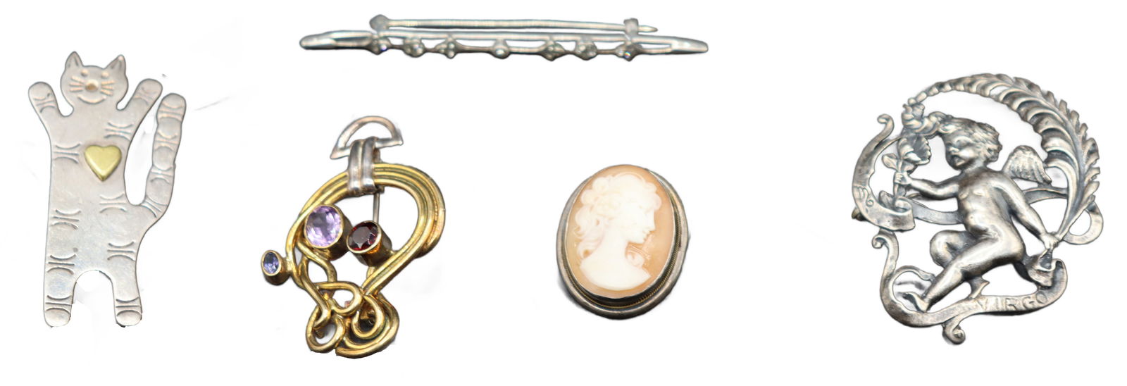 (5) Silver Brooches - 1.590 ozt.: (5) Silver Brooches - 1.590 ozt.. Some marked sterling. Mexican silver whimsical brooch shaped like a cat with a small heart shaped charm. Textured surface adding depth and interest to the