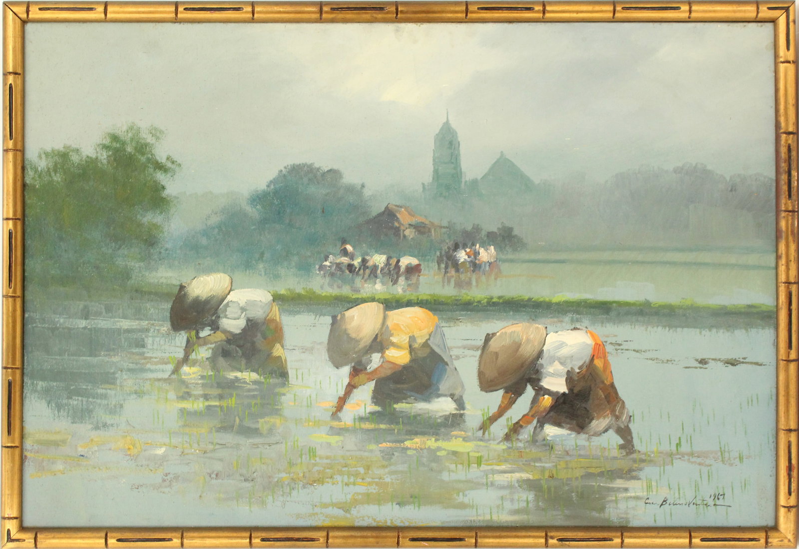 Cesar Buenaventura (1922-1983) Filipino, Oil on Canvas Landscape: Cesar Buenaventure (1922-1983) Filipino, Oil on Canvas Landscape. Signed in lower right. 1967. Depicts workers in a rice field. Condition: Commensurate with age. Overall Size: 37 1/2 x 25 1/2 in. Sigh