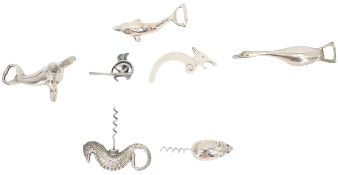 (7) Animal Themed Openers: (7) Animal Themed Openers. Seal, Dolphin, Bird, Seahorse, Mouse, Swan, etc. Great for bottle opener collectors and enthusiasts alike. Largest Size: 6 3/4 x 1 3/8 in. #7502 . 