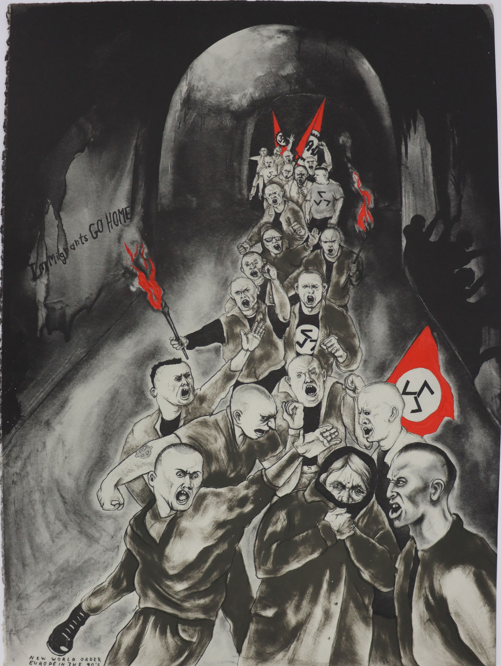Sue Coe (B. 1952) American, Print: Sue Coe (B. 1952) American, Print. Titled 'New World Order Europe in the 90's'. Numbered 17/20, signed, and dated '93 in the lower left. Monochrome with red for the flags and fire