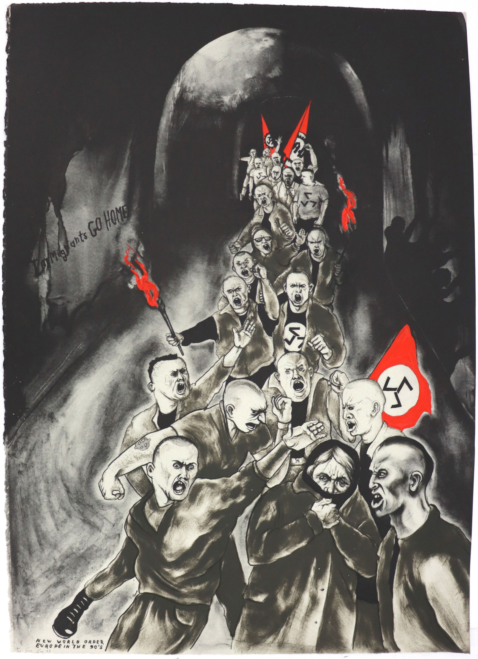 Sue Coe (B. 1952) American, Print 'New World Order Europe in the 90's': Sue Coe (B. 1952) American, Print. Titled 'New World Order Europe in the 90's'. Numbered 16/20, signed, and dated '93 in the lower left. Monochrome with red for the flags and fire. A r