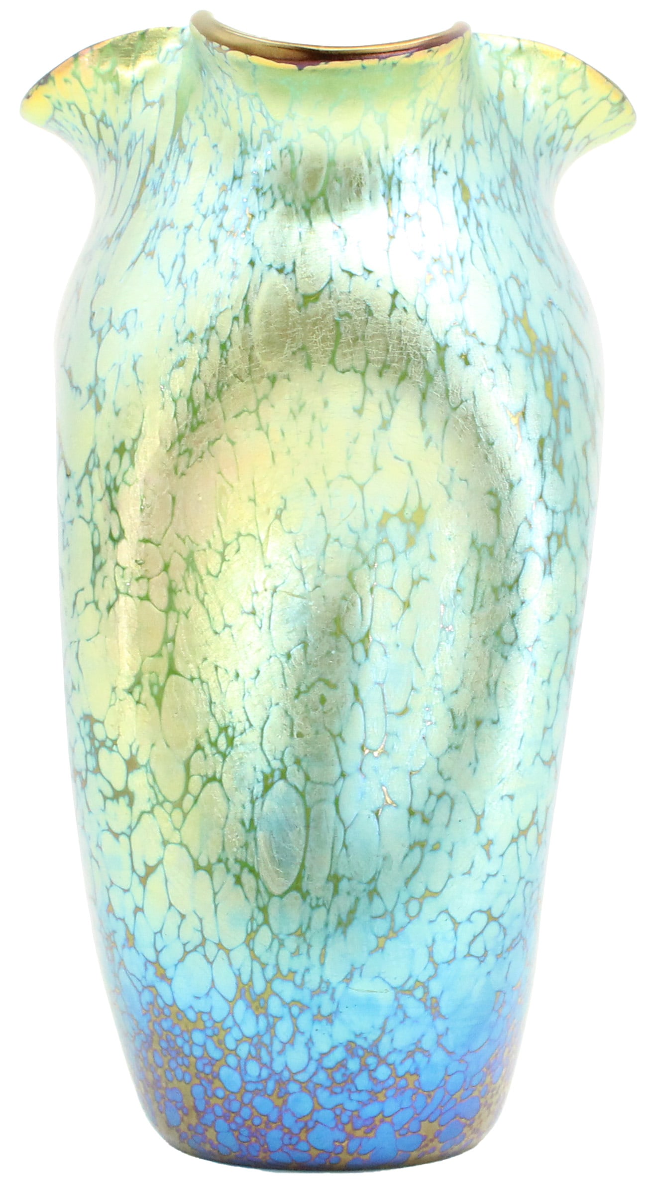 Loetz Iridescent Glass Vase: Loetz iridescent glass vase. Unique, organic shape with a wide base and flaring rim. Shade of blue with iridescent hues of green, yellow, and purple. Textured with delicate patterns and subtle bubbles