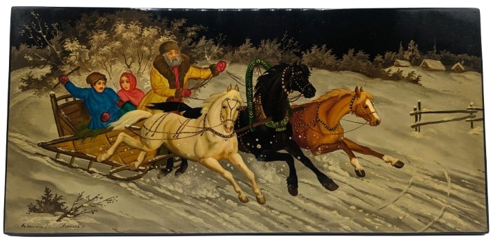Russian Holiday Painting on Lacquered Wood Panel - Sleigh Ride (1 of 8)