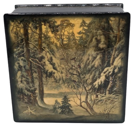 Russian Lacquered Box - Russian Winter Forest: Russian Lacquered Box - Winter Forest. Depicts a breathtaking frozen landscape that would make both Currier AND Ives weep, with a few brave, cold birds on a tree in the middle, adorning the top of the