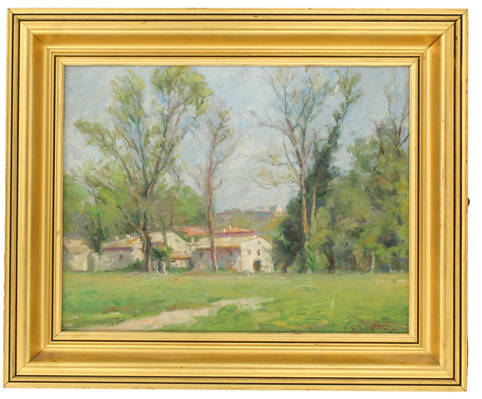 Ellen Starbuck (1858-1936) American/French, Oil on Board: Ellen Starbuck (1858-1936) American/French, Oil on Board. Depicts a series of quaint houses in the countryside. Signed and dated '97 bottom right. Framed. Overall: 13 7/8 x 16 7/8 in. Sight: 9 7/8 x 1