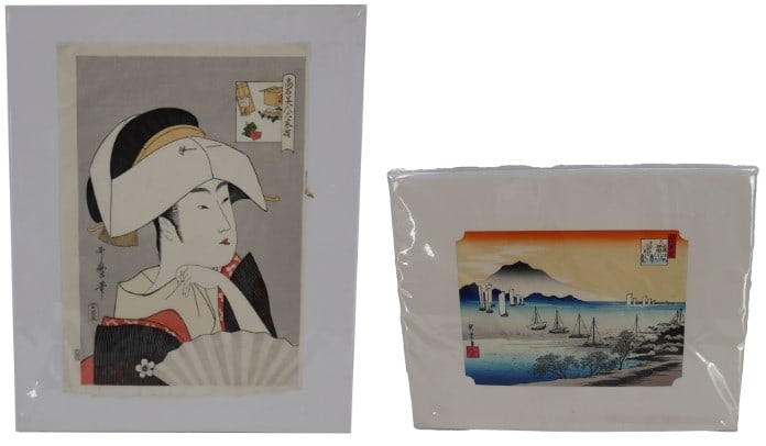 Pair of Japanese Woodblock Prints: Titled "Geisha". Depicts a geisha looking to the side. Mark on right side. Titled "Returning Sails OMI". Colorful landscape with boats. Overall Size: 20 x 16 in.&n