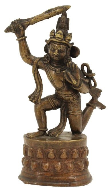 Bronze Acala Statue: Bronze statue depicting Acala, a powerful wrathful Buddhist diety. Condition: Commensurate with age. Size: 3 1/2 x 2 x 6 in. #2302 . Acala or Achala (Sanskrit for &ld