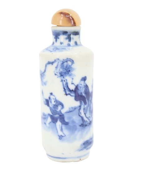 Chinese Blue and White Porcelain Snuff Bottle: Chinese Blue and White Porcelain Snuff Bottle Late 19th Century, the underside with a four-character mark. Of cylindrical shape, decorated with a sage and his pupil, cap associated, with att