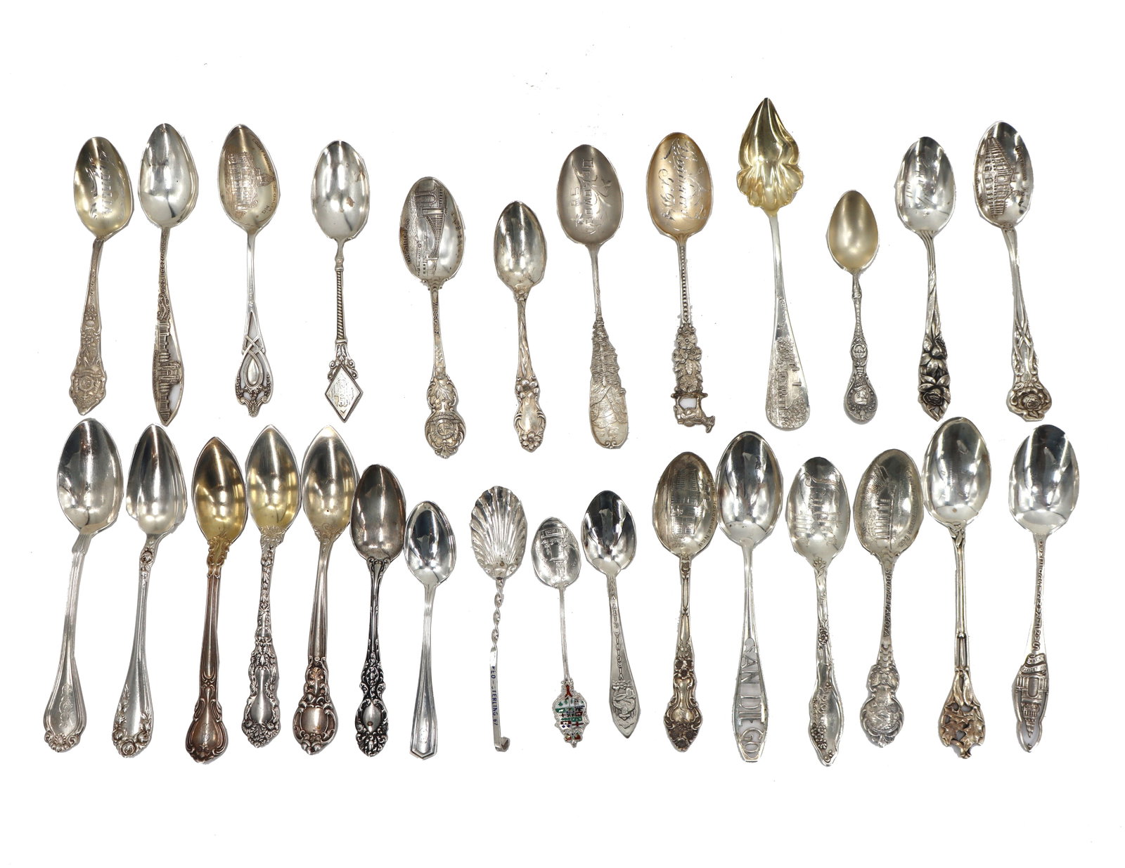 Group of 28 Decorative / Souvenir Spoons: Group of 28 Decorative / Souvenir Spoons Longest: 5 3/4 in. Gross Weight: 14.950 ozt. #7912 