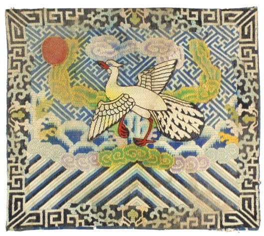 Antique Chinese Embroidered "Crane" Rank Badge: Antique Chinese Embroidered "Crane" Rank Badge. The crane was reserved for the highest levels of civil authority, usually the 1st or 2nd rank depending on the province. Size: 8 X 9 in.
