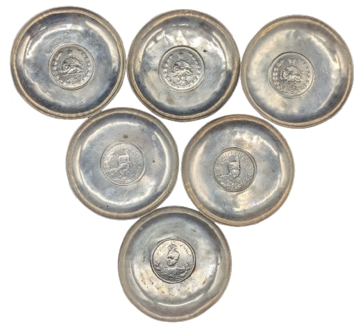 Group of 6 Iranian Coin Embedded Silver Dishes: Group of 6 Iranian Coin Embedded Silver Dishes. Varying Years, Not all coins were embedded facing the same direction. Size: 3 1/2 Inches Round 23 - #6014