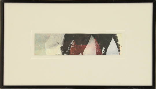 Syd Solomon (1917-2004) American, Ink & Gouache "Study for Coastal Sentries": Syd Solomon (1917-2004) American, Ink & Gouache "Study for Coastal Sentries." Signed bottom middle. Informative label on back with title and dated '82. Overall Size: 14 x 24 1/2 in. Sight Size: 3 1/2