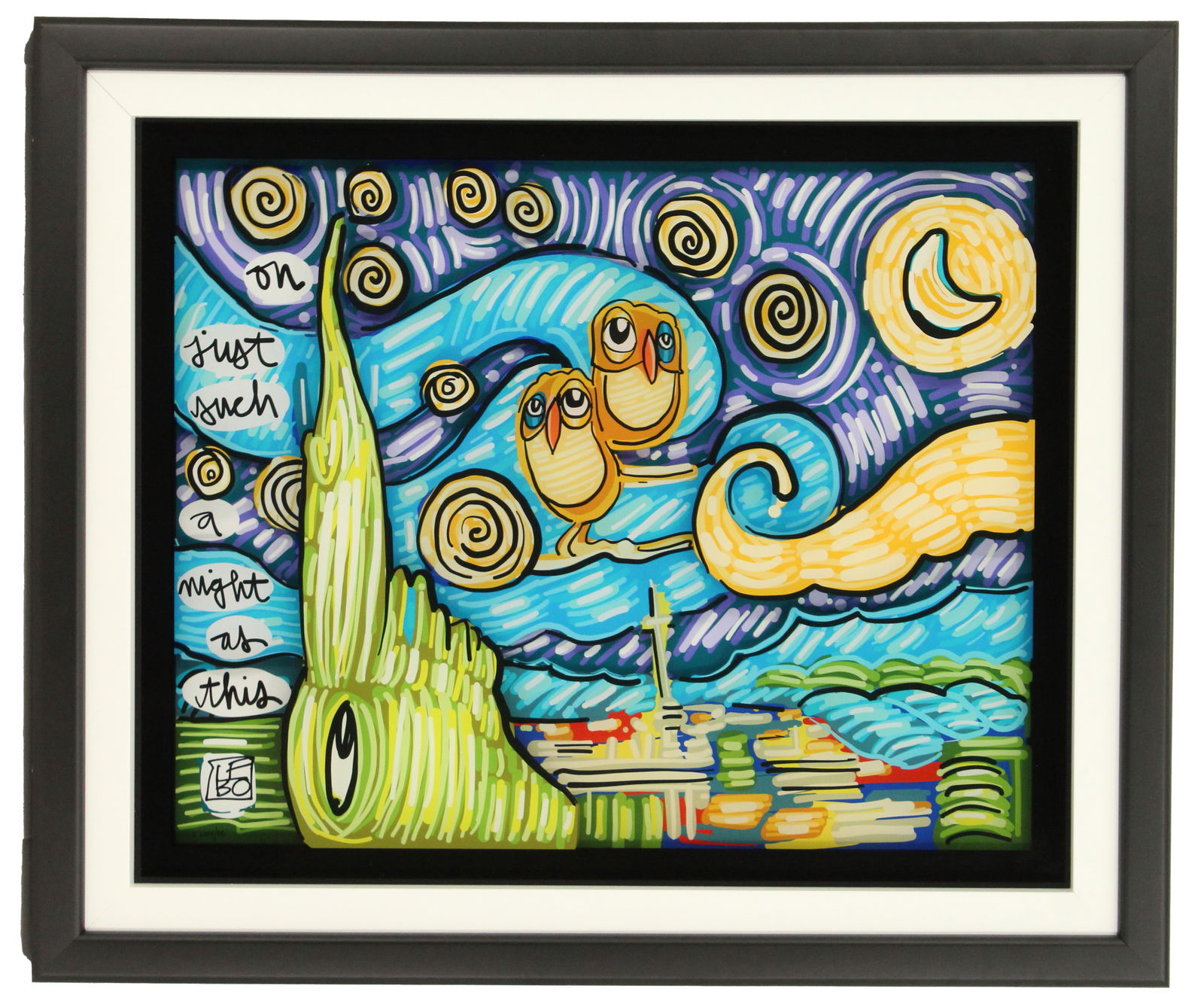 David (LEBO) Le Batard (1972-2023) American, 3D Multimedia Construction: David (LEBO) Le Batard (1972-2023) American, 3D Multimedia Construction. Titled "On Just Such A Night As This," words written vertically on left side of image, where two owls float above a V