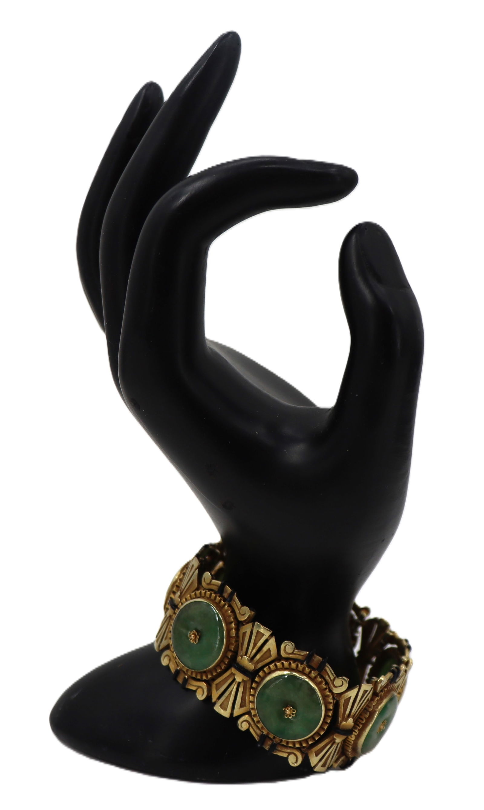 Tested 18k Yellow Gold Nephrite Jade & Black Enamel Bracelet - 60.8 g. (1 of 11)