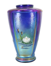 Fenton Art Glass Company Cobalt Favrene Vase, Hand-Painted by Angela Meeks