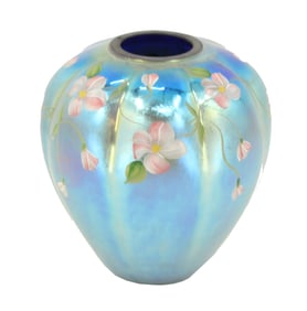 Fenton Art Glass Company Blue Vase, Hand-Painted by Angela Meeks