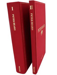 2 Volume Set of Books on Peter Beard (1938-2020): 2 Volume Set of Books on Peter Beard (1938-2020). Extensive collection of photographs and writings about the life and work of the artist, in matching red leather covers and numbered I and II. Both har