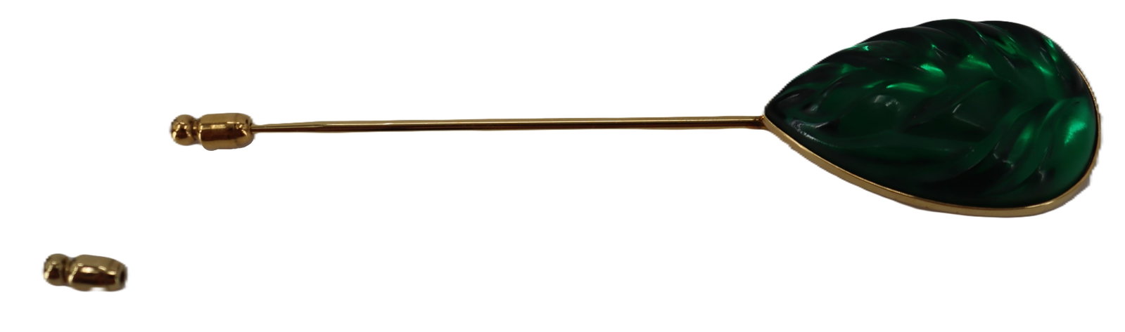 French Lalique Heliconia Leaf Glass Stick Pin with Original Box: Lalique Heliconia Leaf Glass Stick Pin with Original Box. Beautifully carved green top, marked on back. Includes original informative paper. Box Size: 5 1/2 x 3 1/2 x 1 1/2 in. Pin Size: 1 