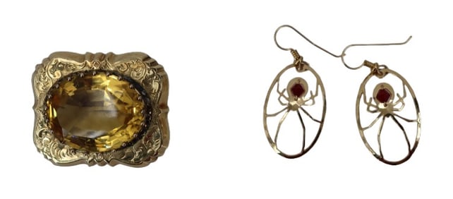 Pair of 10k Earrings and Brooch -  Gross 26.2 g.