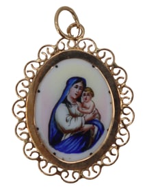 Tested 18k Mary and Jesus Painted Porcelain Pendant - 11.5 g.