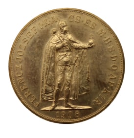 22k 100 Korona Austrian 1908 Coin  - Gross 33.9 g.