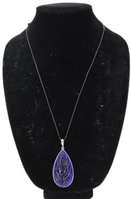 French Lalique Heliconia Leaf Crystal and Sterling Silver Pendant Necklace with Original Box