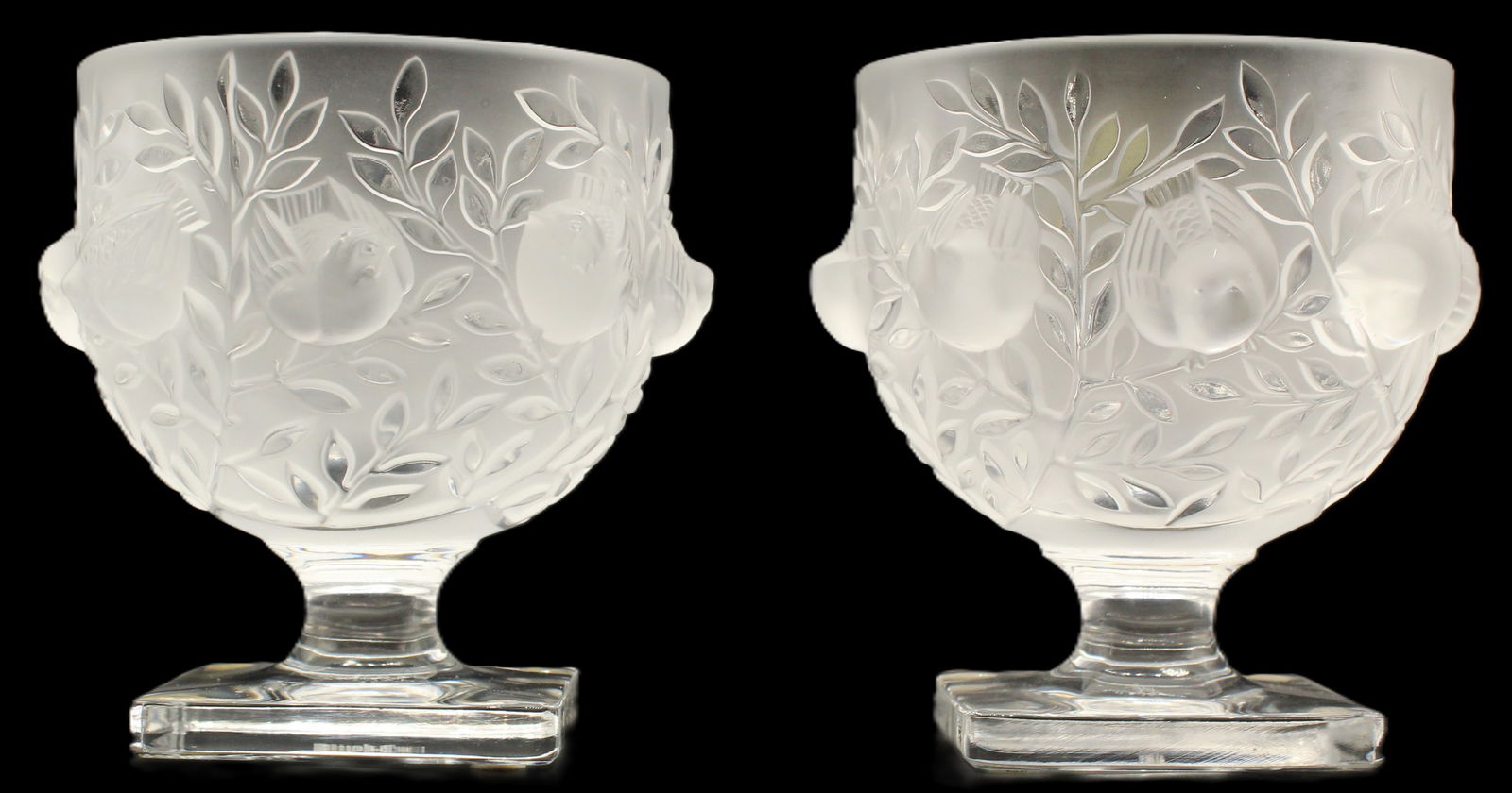 2 French Lalique Crystal Chalices: 2 Lalique Crystal Chalices. Floral designs and protrusions. Marked on bases. Size: (each) 6 x 6 x 5 1/2 in. #507 #508 #4317 . Lalique is a French lu