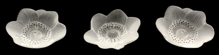 (3) French Lalique Anemone Flower Frosted Glass Paperweight