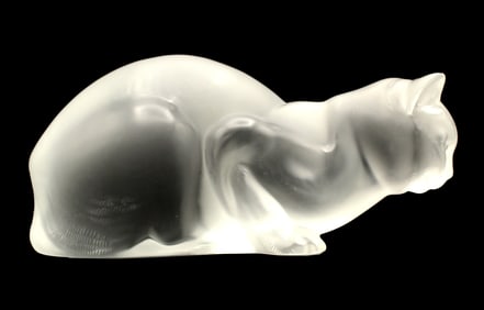 French Lalique Crouching Cat Glass Sculpture