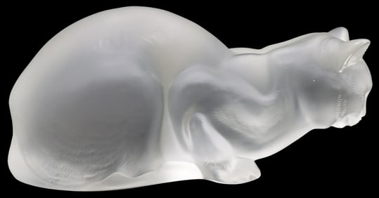 French Lalique Crystal "Chat Couche" Crouching Cat Sculpture