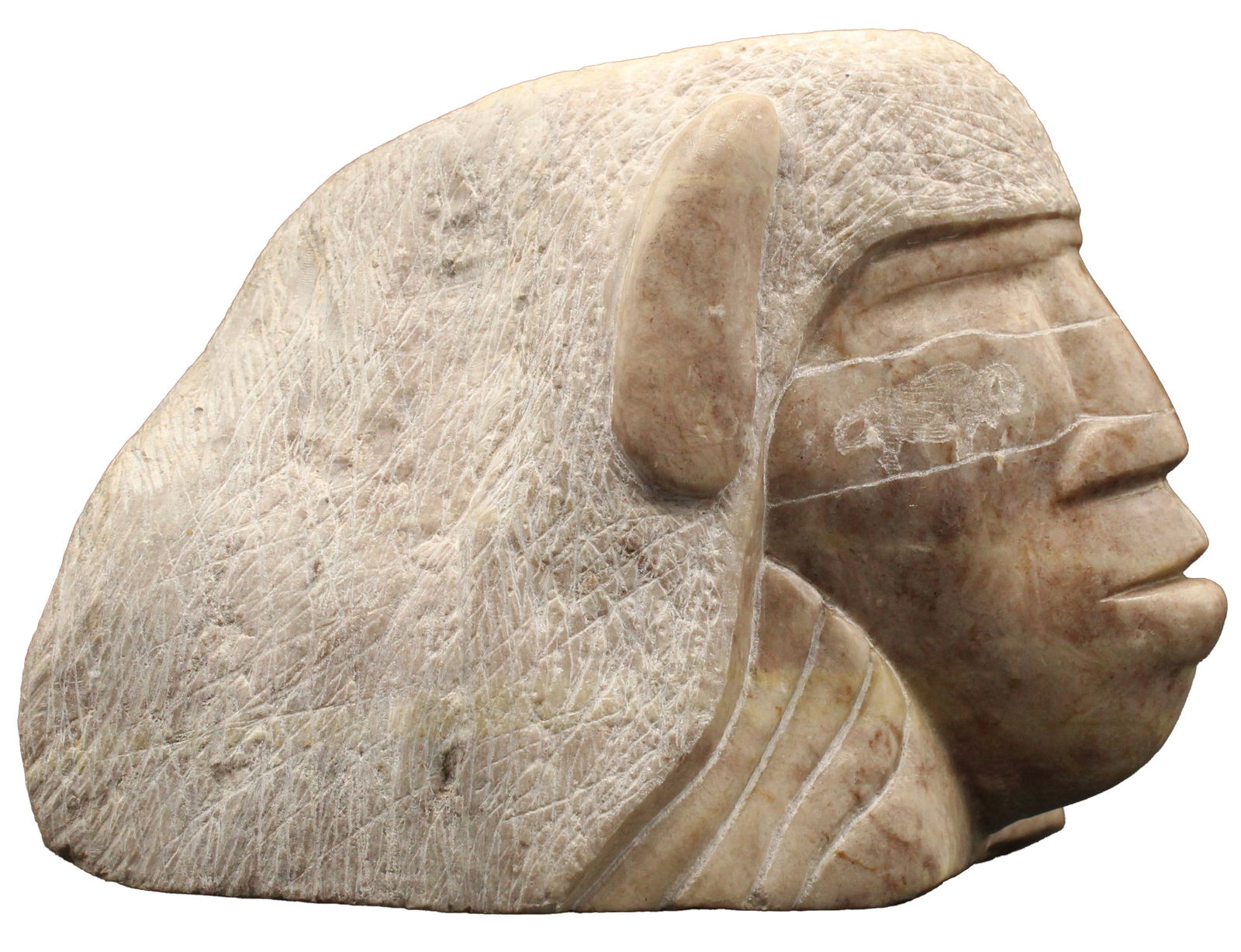 Benson Halwood (Born 1963) Navajo, Carved Alabaster Native American Face: Benson Halwood (b. 1963) Navajo, Carved Alabaster Native American Face. Protective fuzzy feet attached to base. Signed (twice) and dated 1994 on bottom. Size: 6 1/4 x 4 x 4 3/4 in.&nbs