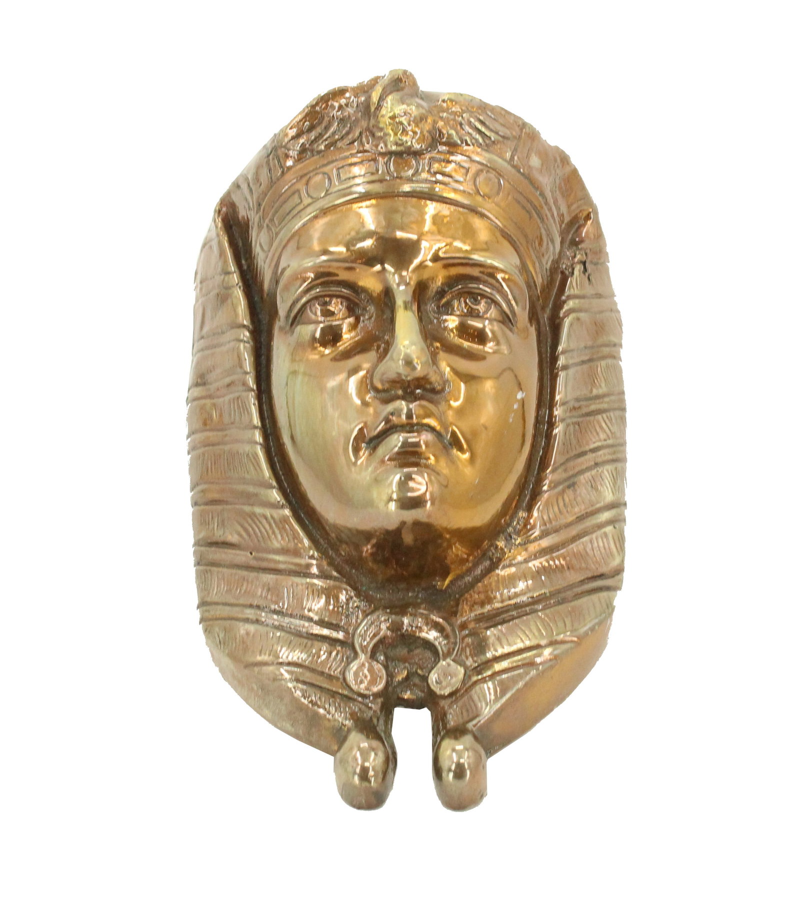 Modern Egyptian Pharaoh Copper Door Knocker: Egyptian Pharaoh Copper Door Knocker. A regal face to greet visitors to your home. Condition: Will make noise. Size: 10 1/4 x 5 7/8 in. #4363 . A door knocker is an item o