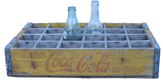 Vintage Wood Coca-Cola Tray With 2 Glass Bottles