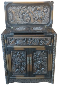 Vintage Chinese "Yuen Lee Carved Furniture Works" Cocktail Bar Cabinet with Carved Reliefs