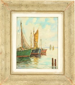 William Ward Jr. (Born 1901-1985)  England,  Oil on Canvasboard Gloucester Harbor Scene