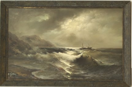 Eugene Garin (1922-1994) Ukrainian, Seascape with Sailing Vessel Off a Rocky Coast with Crashing