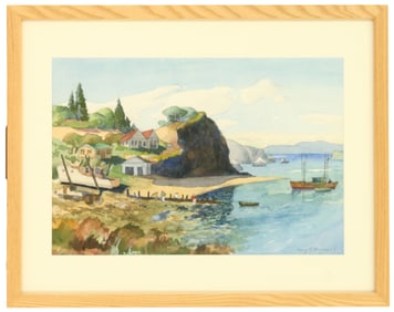 George Ashley (1891-1971) California, 1970 "Marshall Boat Works" Original Watercolor Harbor Scene