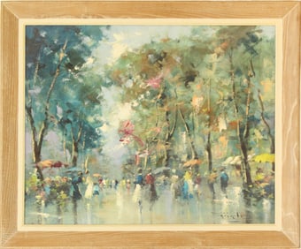 1950s Barcelona Street Scene Oil on Canvas Painting " La Rambla"