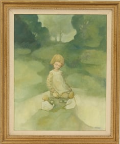 Margaret Geddes (1914-1998) English, Oil Painting of a Young Girl Having Tea with her Dolls in a