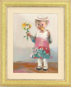 Jose Montanes (1918-1998) Spanish, "The New Bonnet" Young Girl with Flowers and Ice Cream Oil on