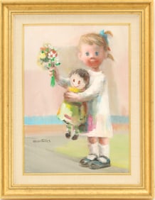 Jose Montanes (1918-1998) Spanish, "My Bouquet" Girl Holding a Doll and Flowers Oil on Canvas