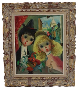 1960s School of Paris Oil on Canvas Painting of an Elegant Young Couple Signed Seini