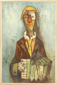 Vintage Painting After Bernard Buffet "Clown with Concertina" Oil on Canvas